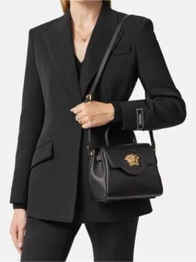 Versace Black Leather Top-Handle Satchel with Gold Medusa